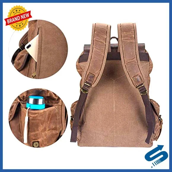 Leather Backpack Waxed Canvas Rucksack Travel Daypack Durable Heavy Duty
